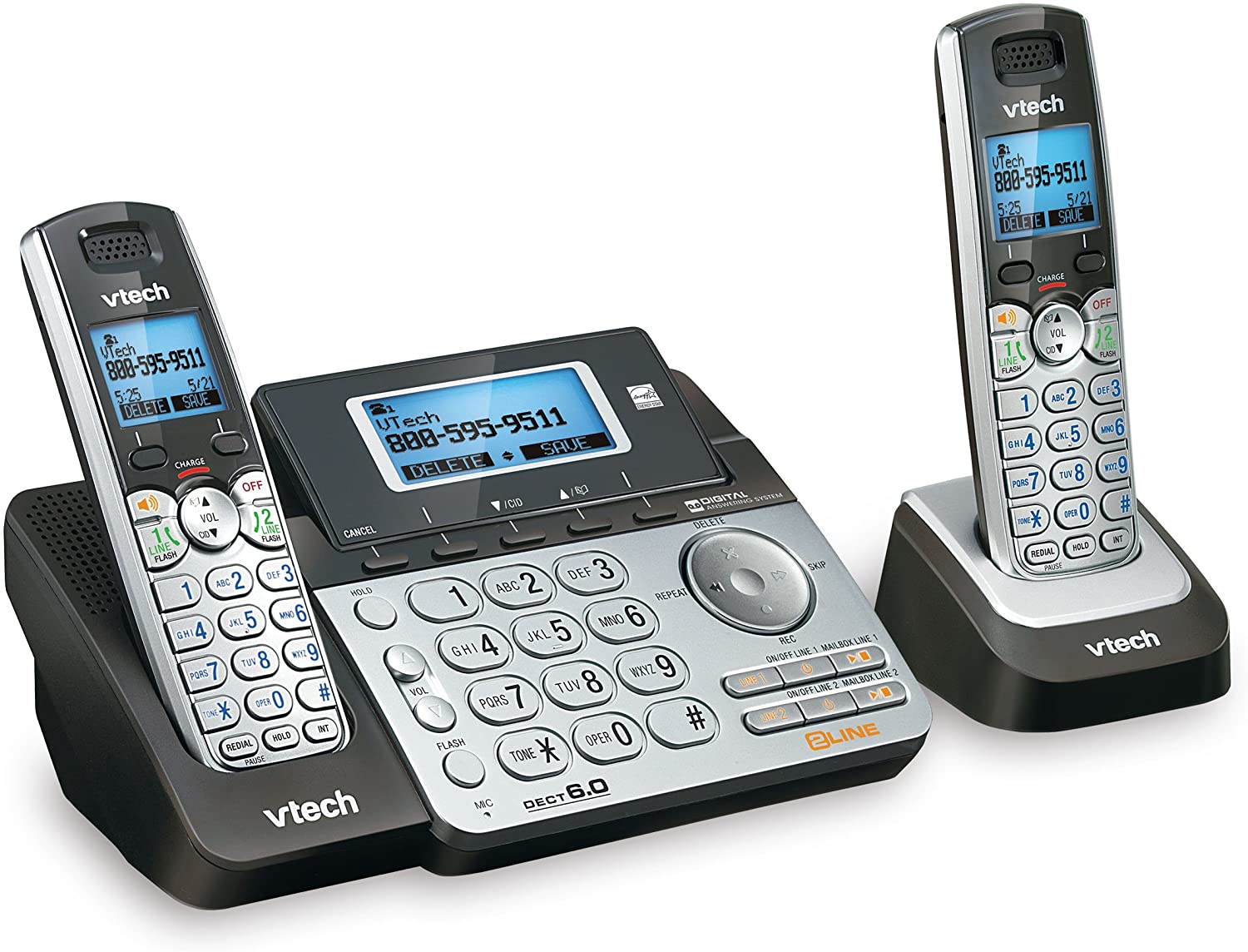 VTech DS6151-2 2 Handset 2-Line Cordless Phone System for Home or Small Business with Digital Answering System & Mailbox on Each line, Silver VTech DS6151-2 2 Handset 2-Line Cordless Phone System for Home or Small Business with Digital Answering System & Mailbox on Each line, Silver